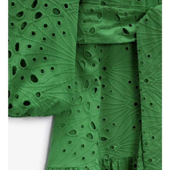 ZARA EMBROIDERED EYELET RUFFLED SHORT DRESS GREEN - Picture 16 of 16